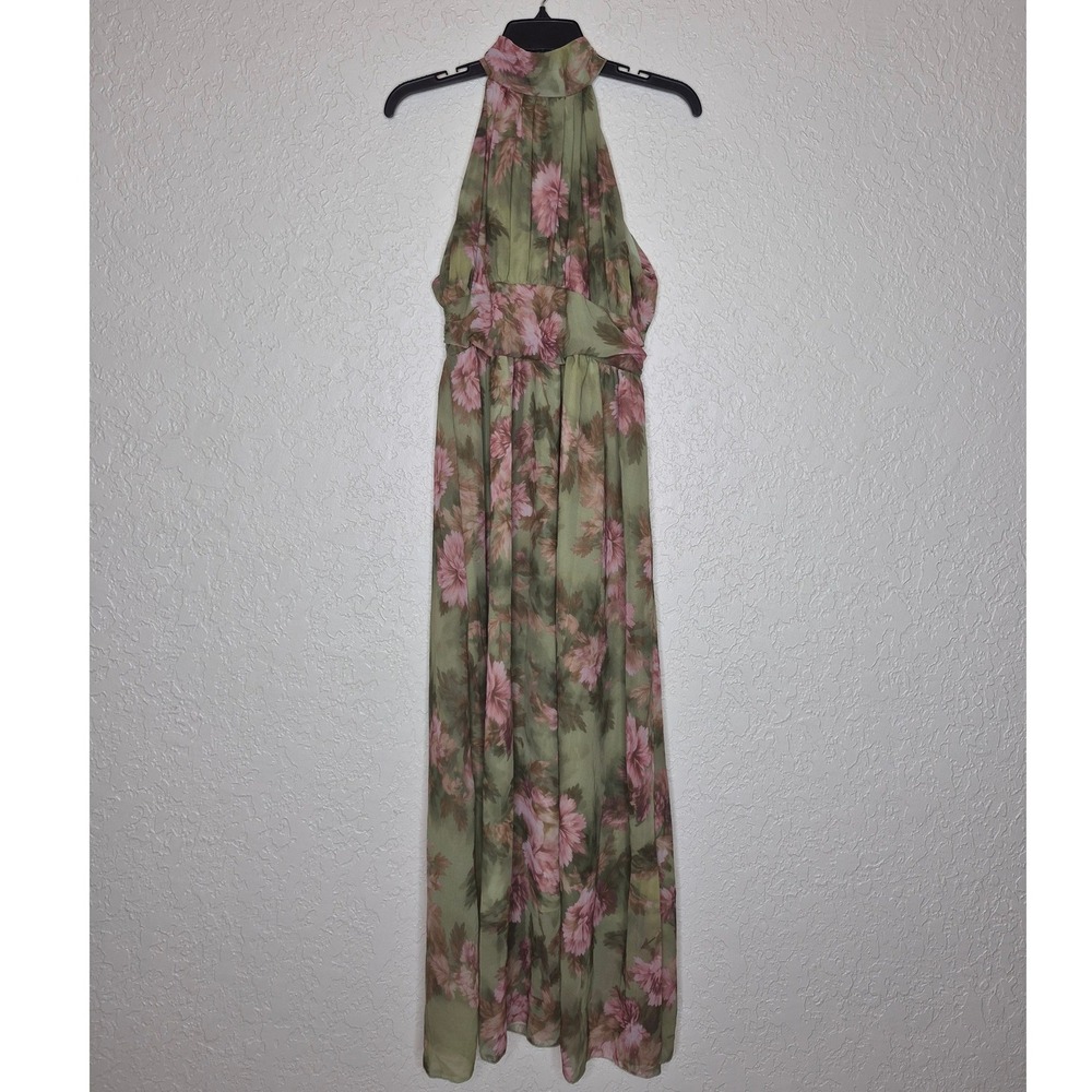 Sage Green Pink Floral Halter Neck Maxi Dress Sleeveless Chiffon Gown Small